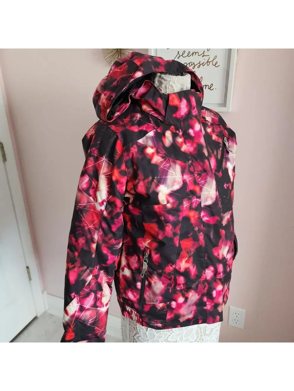 Spyder Girls Ski Jacket Size 18 Pink Purple Black Hooded Winter Coat